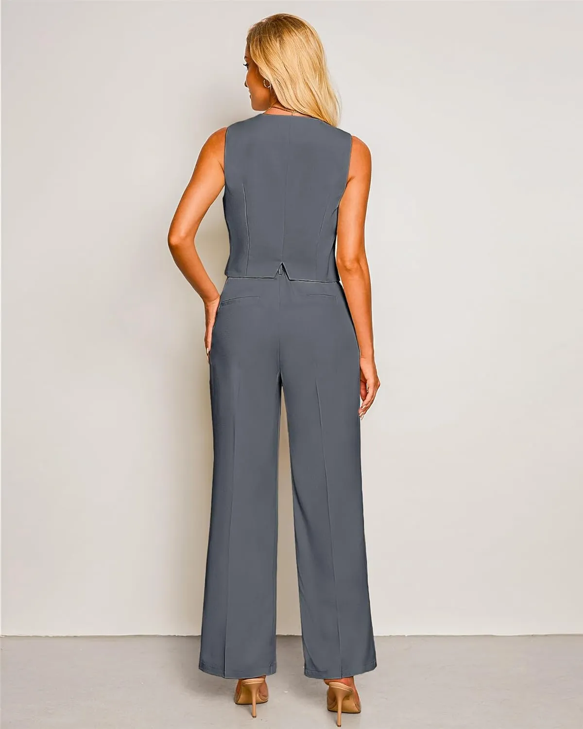 luvamia Pant Suits for Women Dressy Casual 2 Piece Sets Sleeveless Blazer Vest with High Rise Wide Leg Pants Work Office