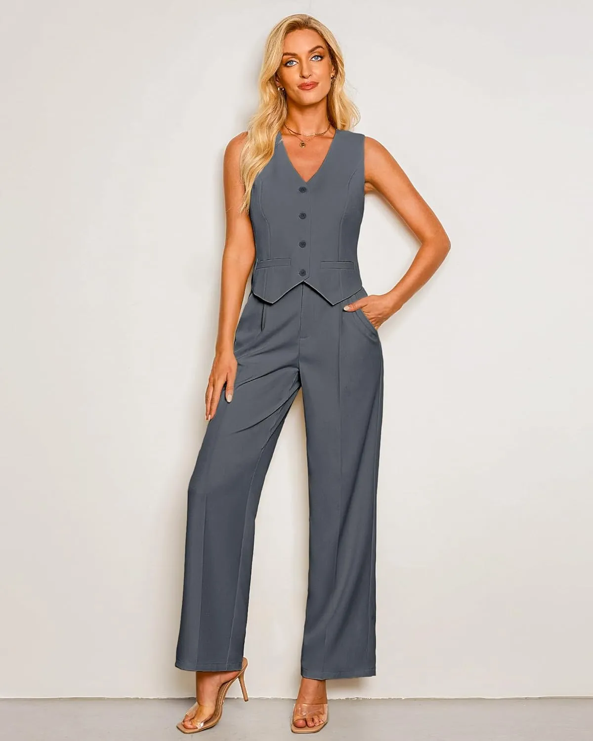 luvamia Pant Suits for Women Dressy Casual 2 Piece Sets Sleeveless Blazer Vest with High Rise Wide Leg Pants Work Office