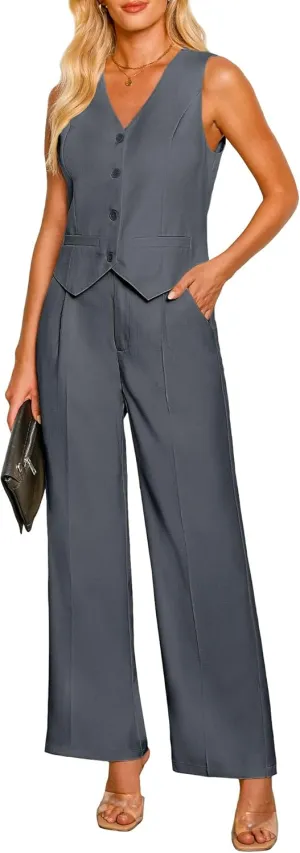 luvamia Pant Suits for Women Dressy Casual 2 Piece Sets Sleeveless Blazer Vest with High Rise Wide Leg Pants Work Office