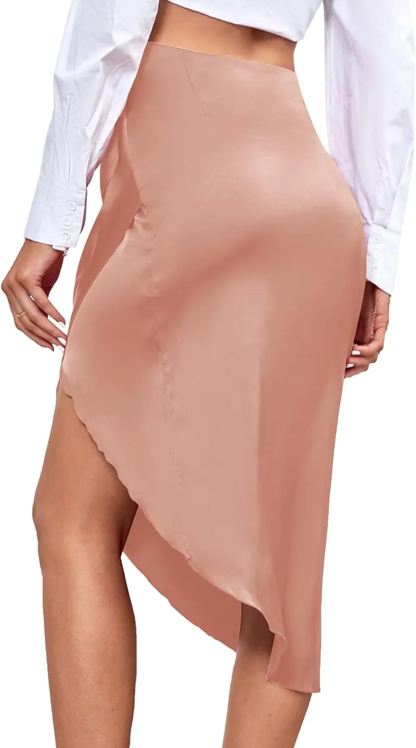 LYANER Women's Satin Skily Asymmetrical Split Slit Ruched Hight Waist Bodycon Midi Skirt