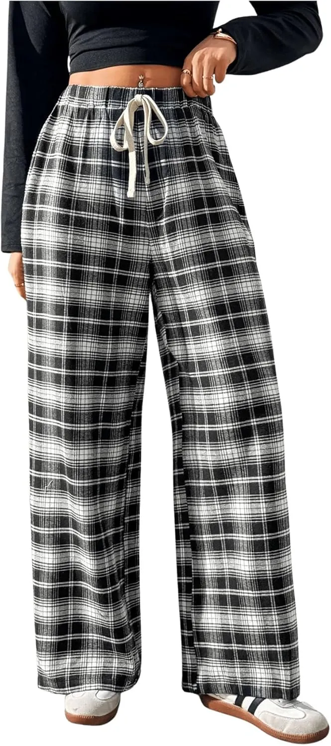 MakeMeChic Women's Plaid Pants Elastic Waist Wide Leg Loose Casual Trousers