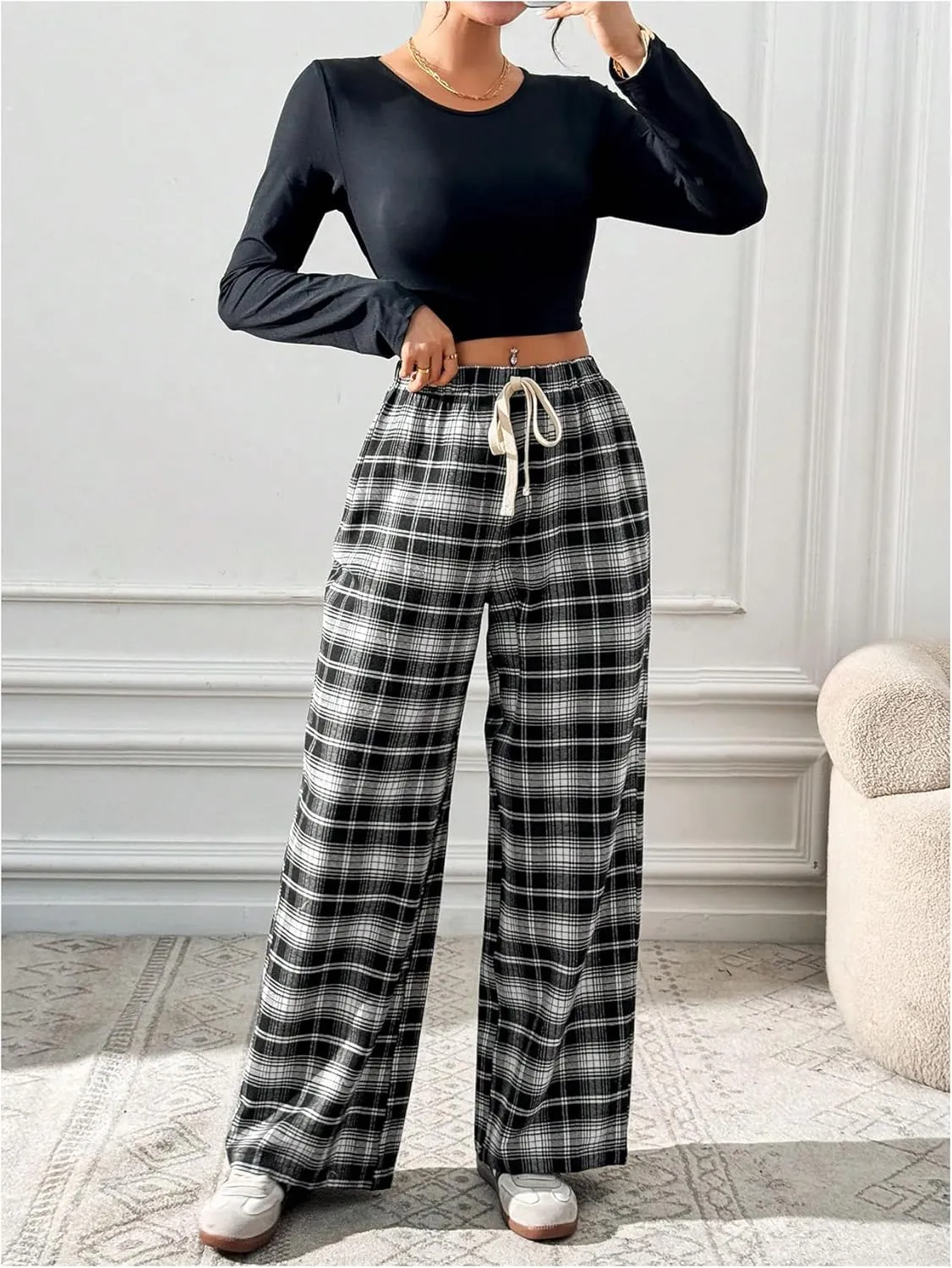 MakeMeChic Women's Plaid Pants Elastic Waist Wide Leg Loose Casual Trousers