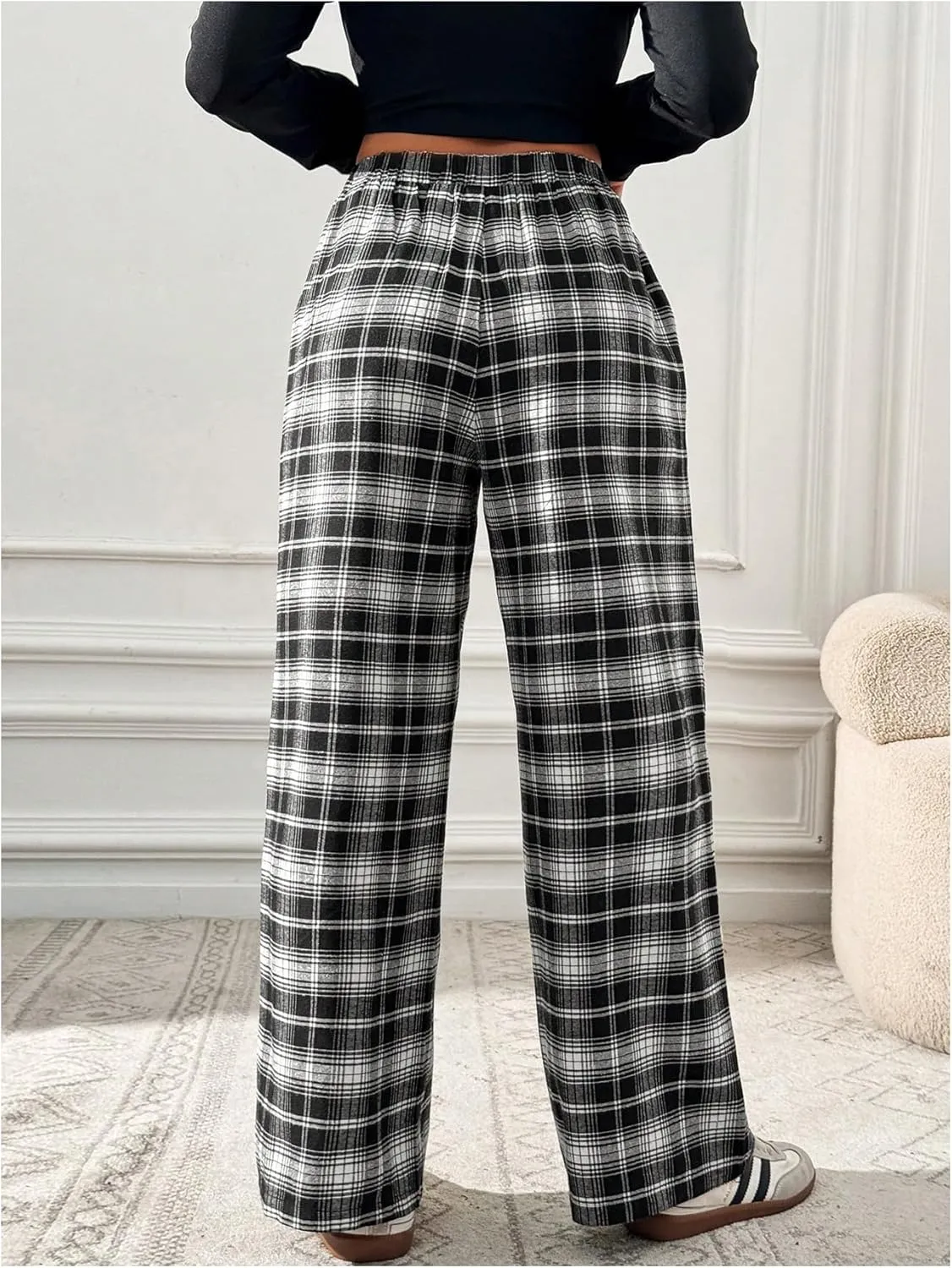 MakeMeChic Women's Plaid Pants Elastic Waist Wide Leg Loose Casual Trousers