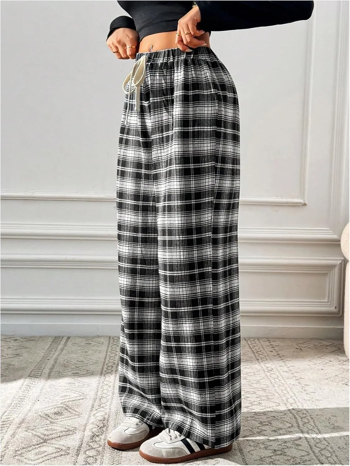 MakeMeChic Women's Plaid Pants Elastic Waist Wide Leg Loose Casual Trousers