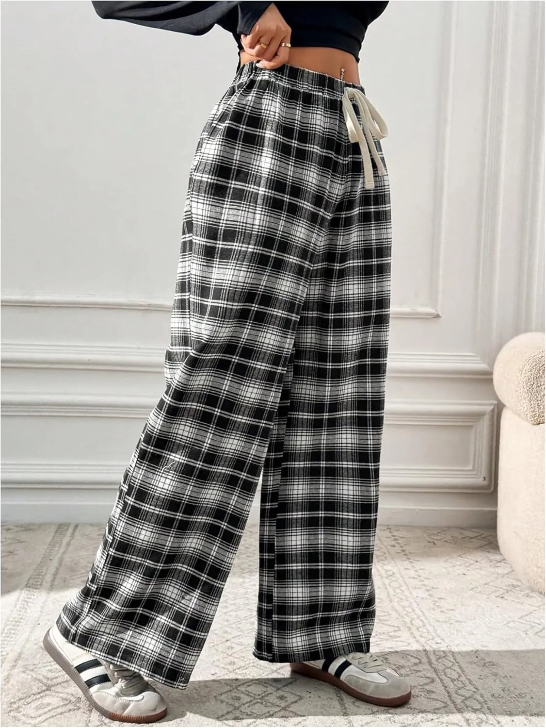 MakeMeChic Women's Plaid Pants Elastic Waist Wide Leg Loose Casual Trousers
