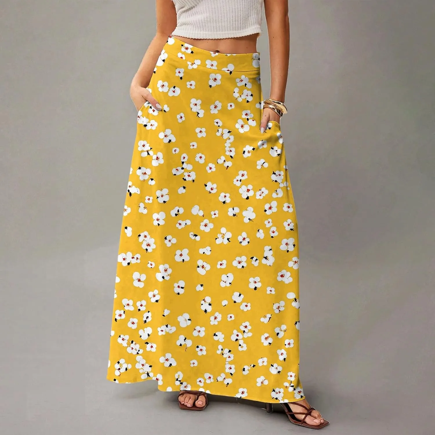 Maxi Skirts for Women 2025 Boho Elastic High Waisted Long Skirt with Pockets Summer Beach Flowy Floral Skirt