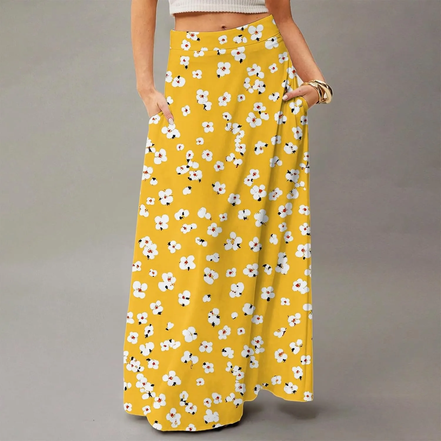 Maxi Skirts for Women 2025 Boho Elastic High Waisted Long Skirt with Pockets Summer Beach Flowy Floral Skirt