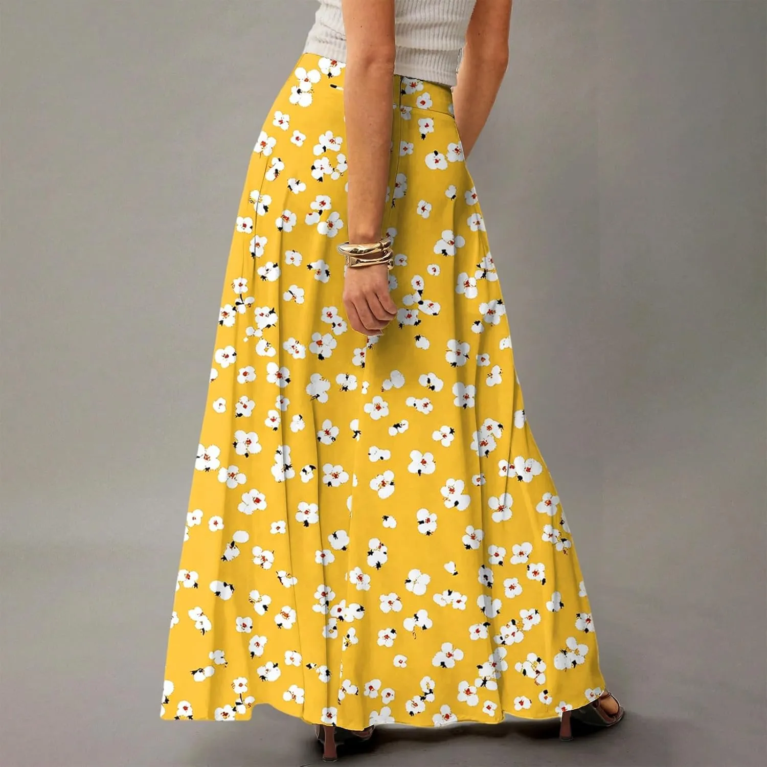 Maxi Skirts for Women 2025 Boho Elastic High Waisted Long Skirt with Pockets Summer Beach Flowy Floral Skirt