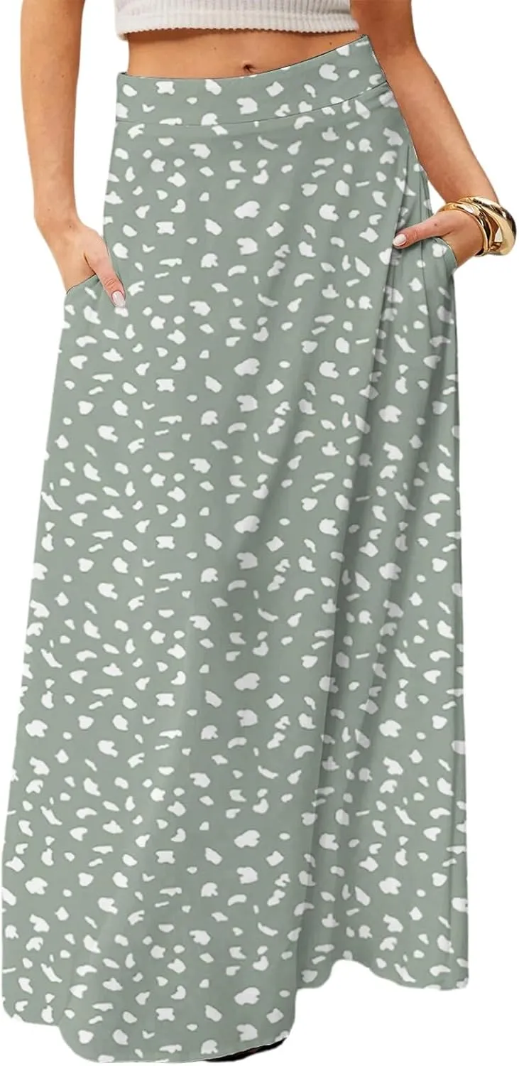 Maxi Skirts for Women 2025 Boho Elastic High Waisted Long Skirt with Pockets Summer Beach Flowy Floral Skirt
