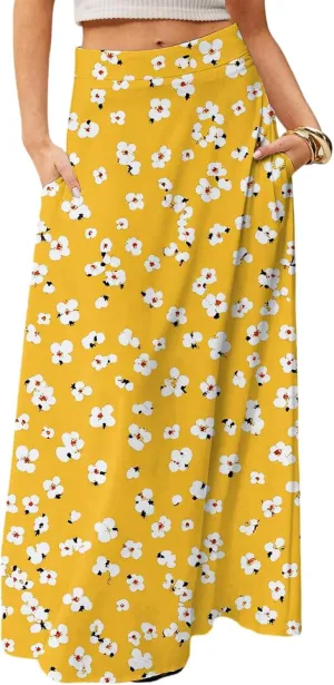 Maxi Skirts for Women 2025 Boho Elastic High Waisted Long Skirt with Pockets Summer Beach Flowy Floral Skirt