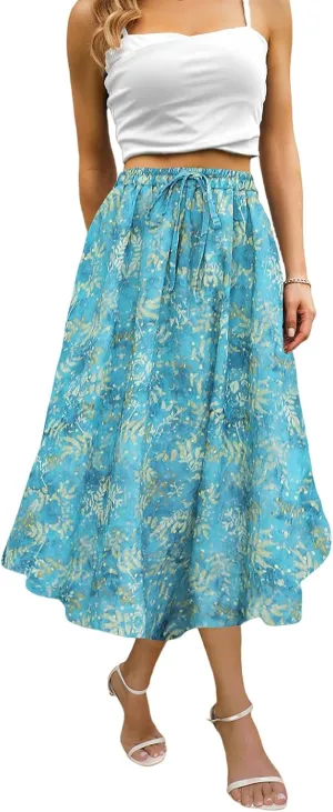 Maxi Skirts for Women with Pockets Long Midi Length Casual Skirt for Beach Party Holiday Blue Gold