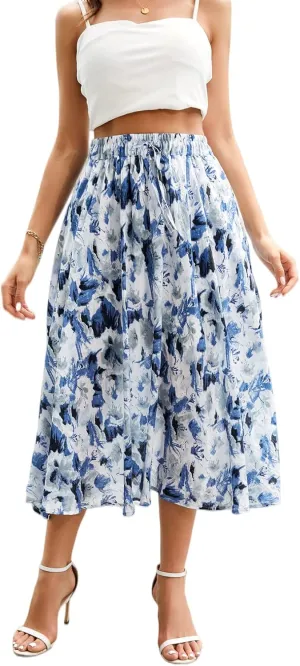 Maxi Skirts for Women with Pockets Long Midi Length Casual Skirt for Beach Party Holiday Blue White