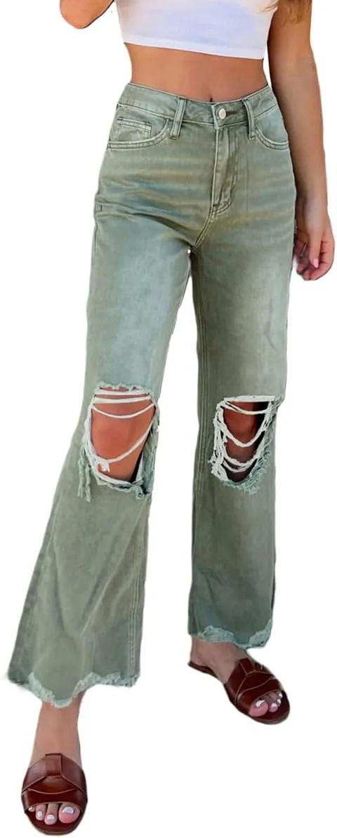 Melliflo Ripped Flare Jeans for Women High Waist Baggy Wide Leg Denim Pants Casual Distressed Trousers with Pockets