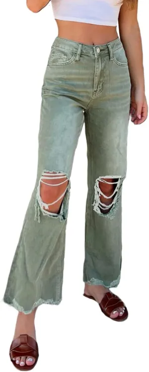 Melliflo Ripped Flare Jeans for Women High Waist Baggy Wide Leg Denim Pants Casual Distressed Trousers with Pockets