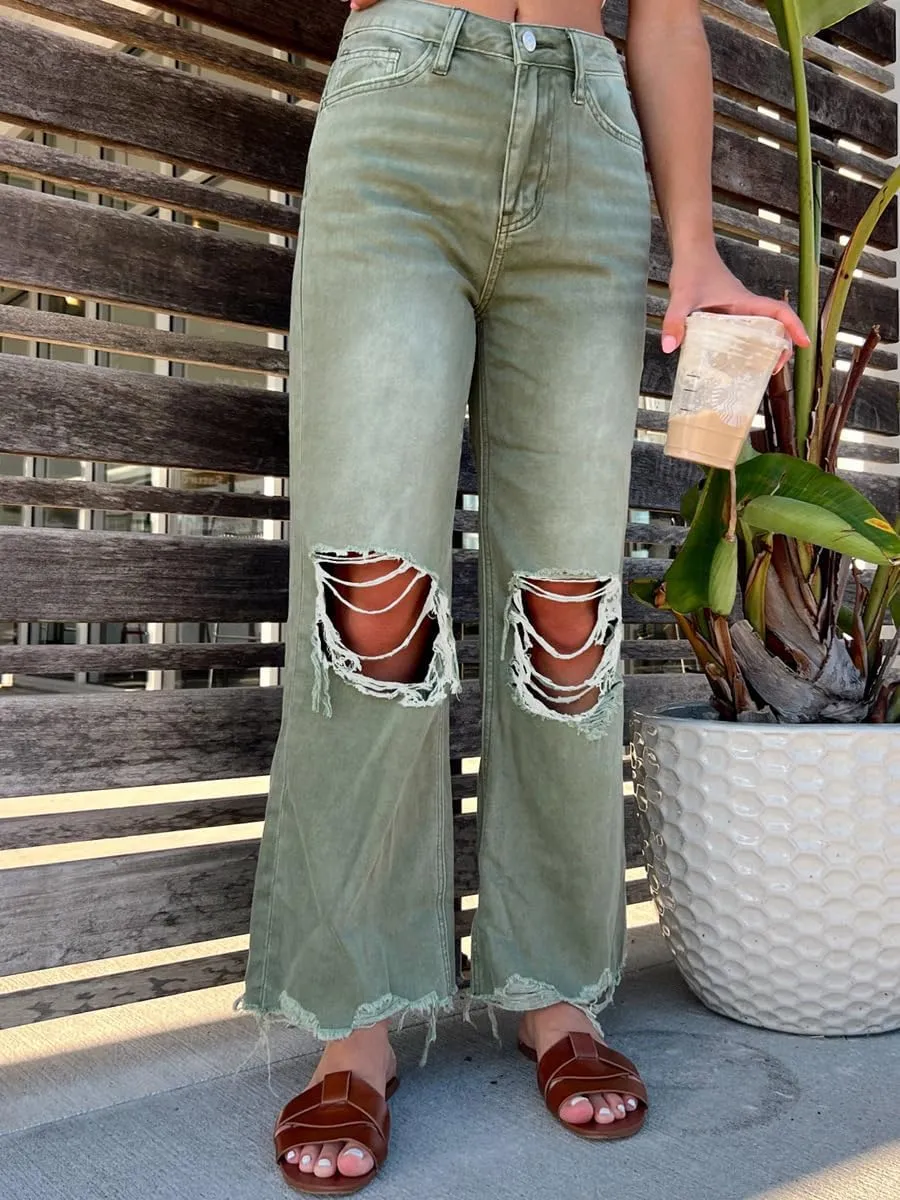 Melliflo Ripped Flare Jeans for Women High Waist Baggy Wide Leg Denim Pants Casual Distressed Trousers with Pockets