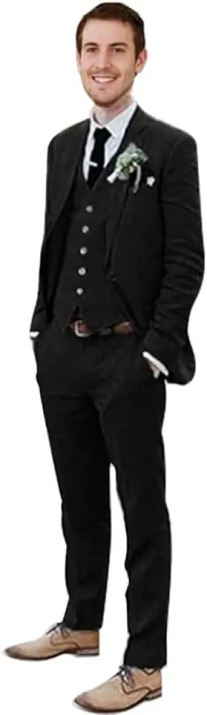 Men's 3 Pieces Linen Suit Set Beach Wedding Blazer Vest Pants Set Casual Lightweight Summer Slim Fit Tuxedo Suit