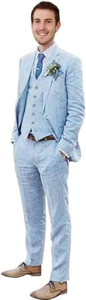 Men's 3 Pieces Linen Suit Set Beach Wedding Blazer Vest Pants Set Casual Lightweight Summer Slim Fit Tuxedo Suit