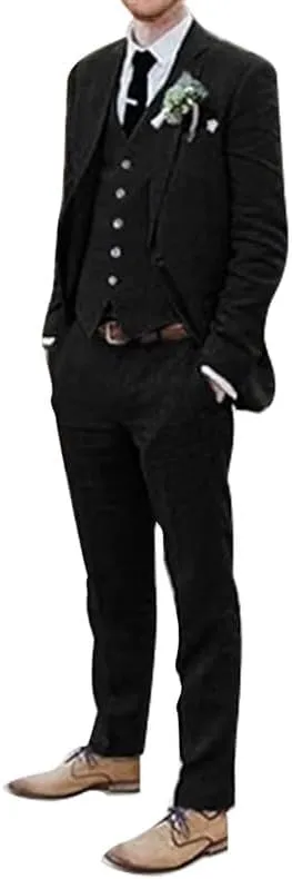 Men's 3 Pieces Linen Suit Set Beach Wedding Blazer Vest Pants Set Casual Lightweight Summer Slim Fit Tuxedo Suit