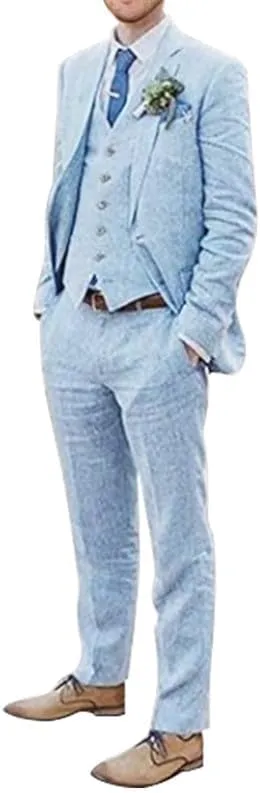 Men's 3 Pieces Linen Suit Set Beach Wedding Blazer Vest Pants Set Casual Lightweight Summer Slim Fit Tuxedo Suit