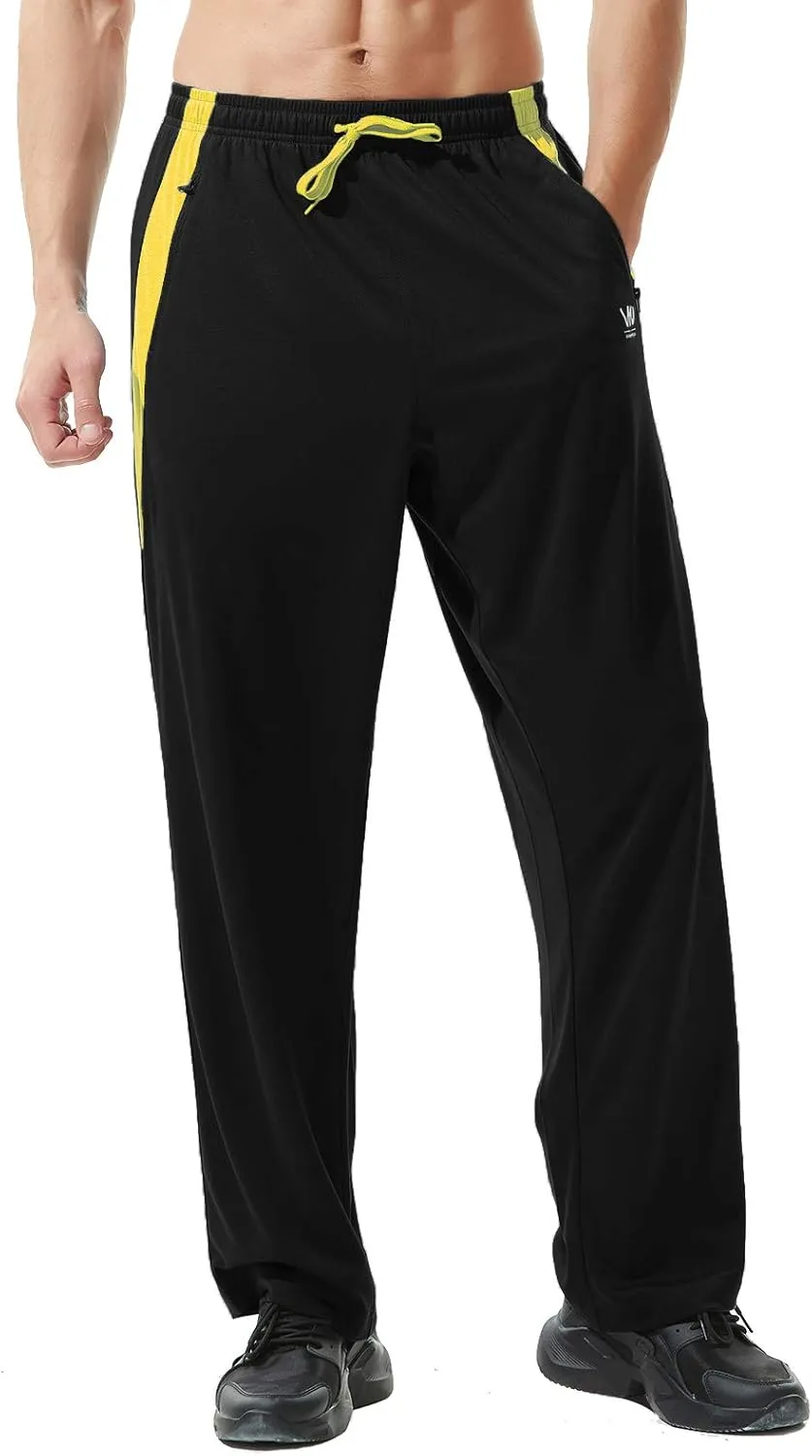 Mens Athletic Pants with Zipper Pockets Open Bottom Lightweight Sweatpants, for Workout, Running, Gym, Training