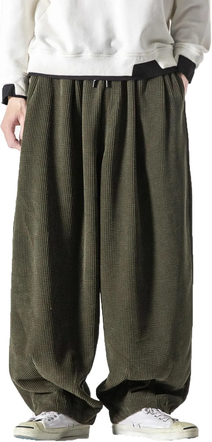 Men's Corduroy Harem Pants Drawstring Stretch Waist Loose Pants Wide Leg Baggy Tapered Trouser