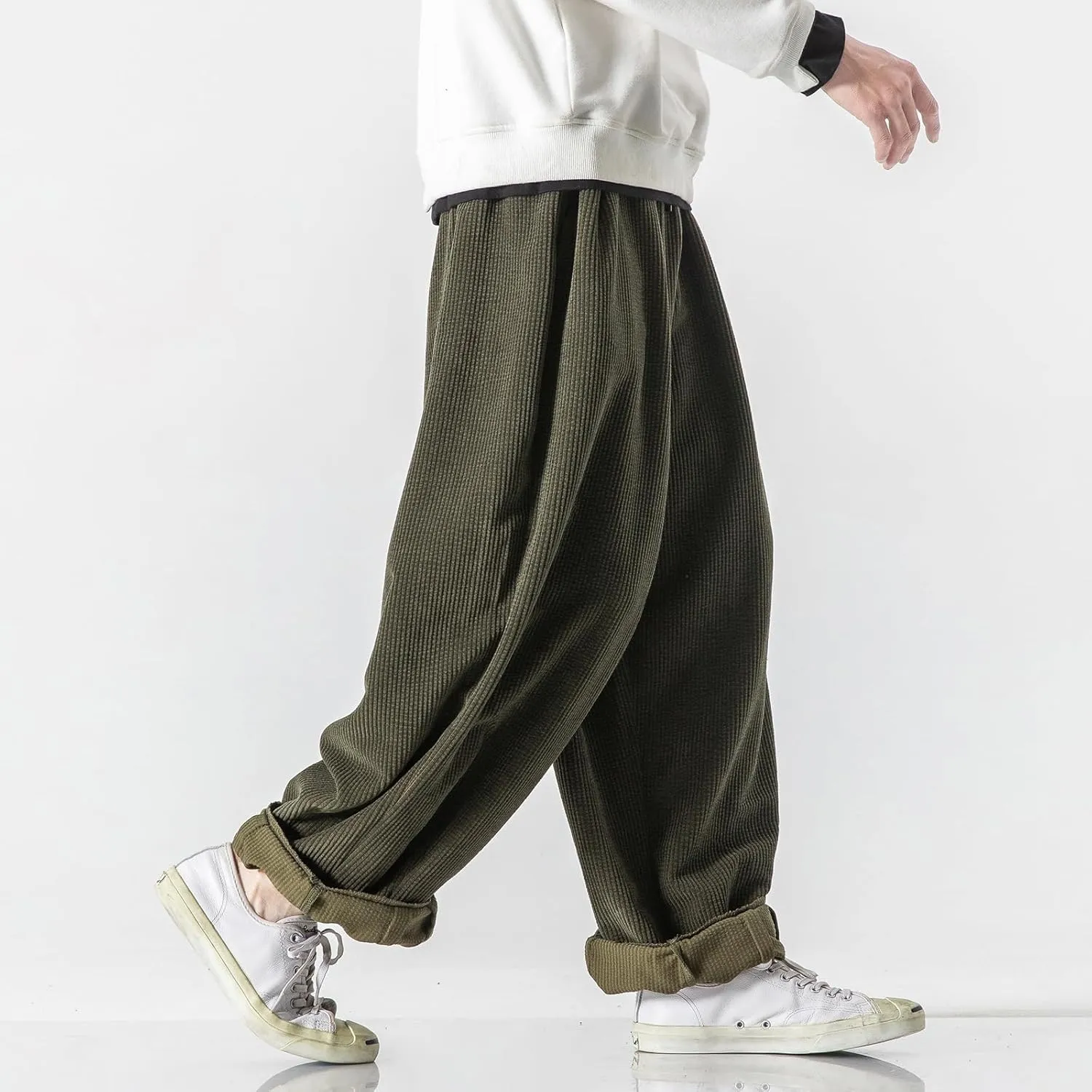 Men's Corduroy Harem Pants Drawstring Stretch Waist Loose Pants Wide Leg Baggy Tapered Trouser