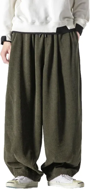 Men's Corduroy Harem Pants Drawstring Stretch Waist Loose Pants Wide Leg Baggy Tapered Trouser