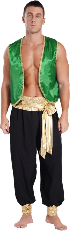 Men's Holloween Arabian Prince Cosplay Costume Sleeveless Open Front Vest with Harem Pants