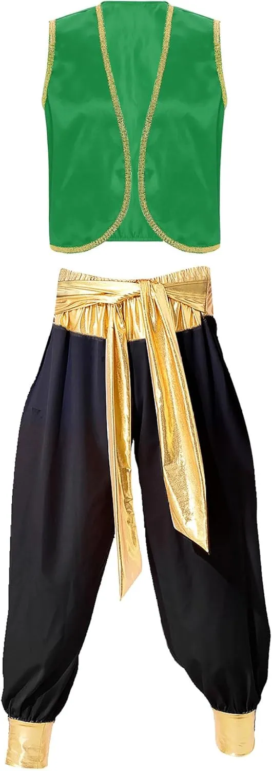 Men's Holloween Arabian Prince Cosplay Costume Sleeveless Open Front Vest with Harem Pants
