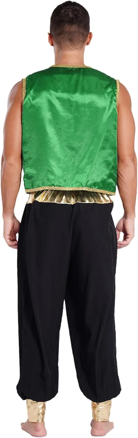 Men's Holloween Arabian Prince Cosplay Costume Sleeveless Open Front Vest with Harem Pants