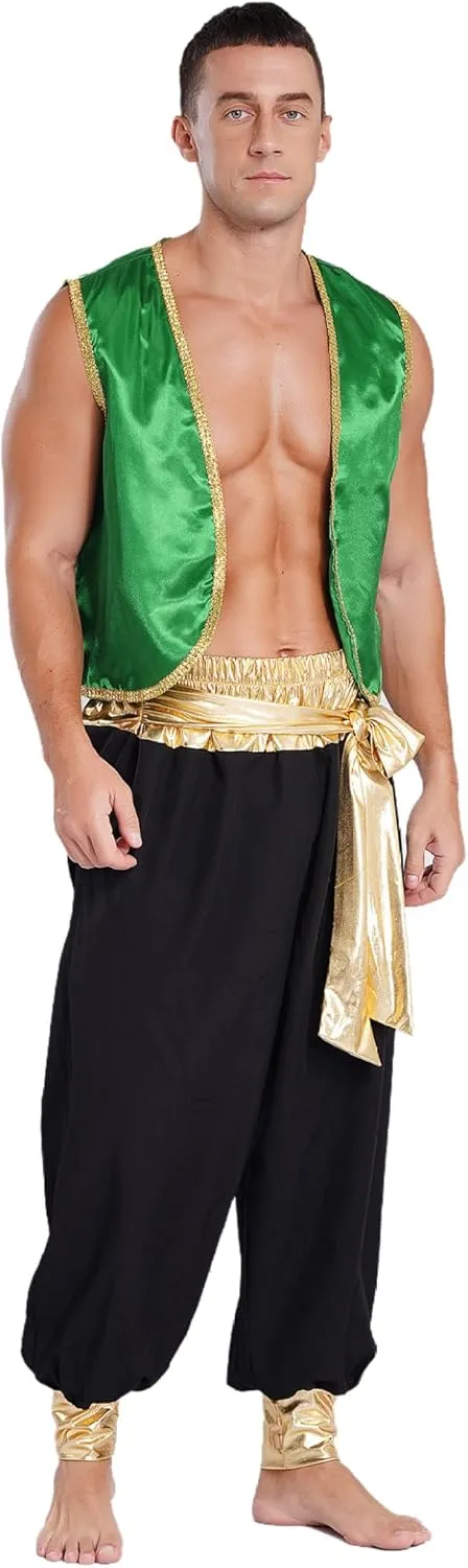 Men's Holloween Arabian Prince Cosplay Costume Sleeveless Open Front Vest with Harem Pants
