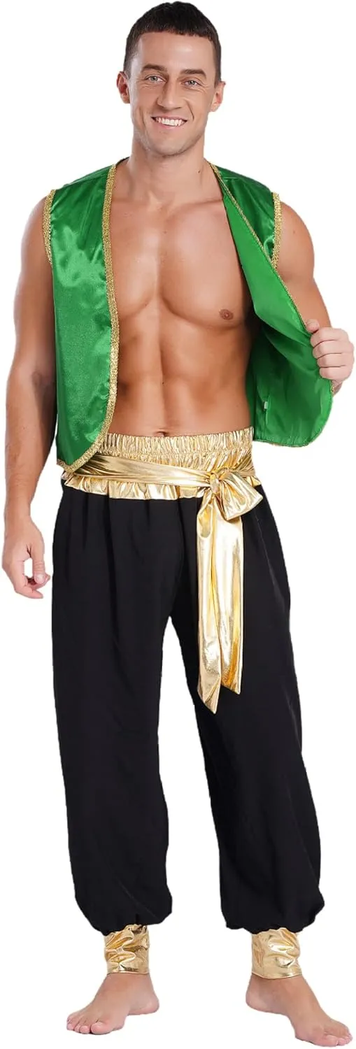 Men's Holloween Arabian Prince Cosplay Costume Sleeveless Open Front Vest with Harem Pants