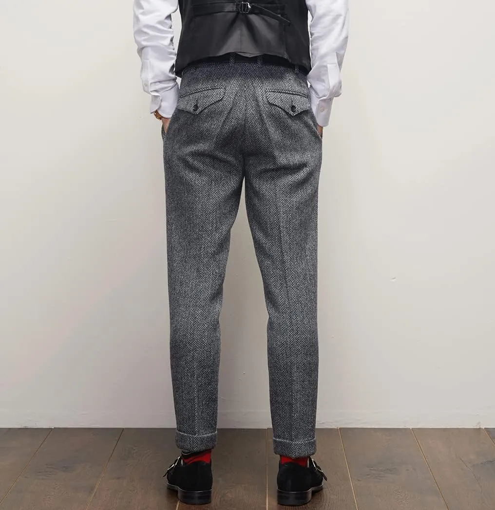 Mens Pants Herringbone Vintage Dress Pant Hemmed Pleated Suit Pants