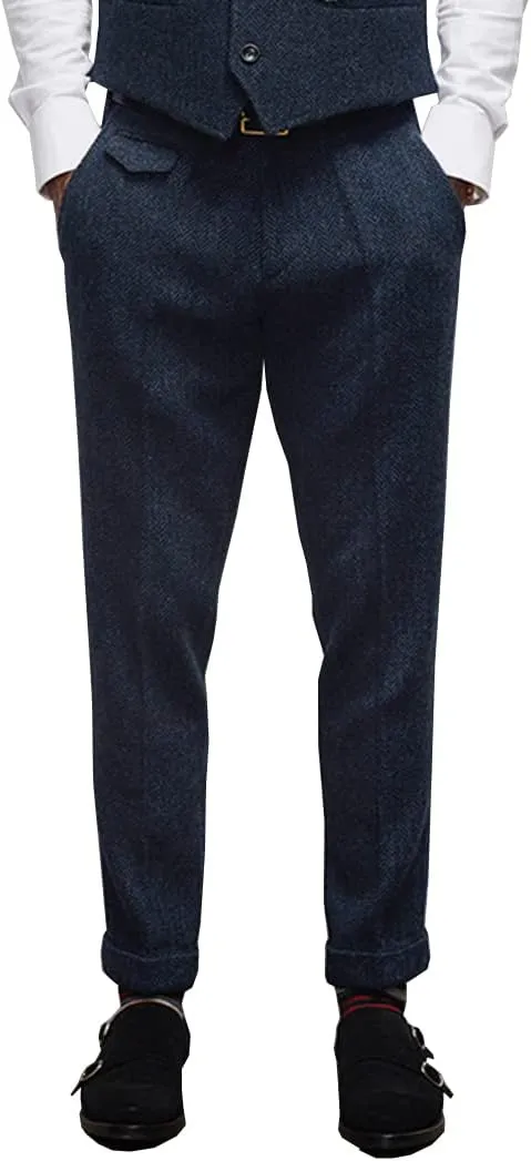 Mens Pants Herringbone Vintage Dress Pant Hemmed Pleated Suit Pants