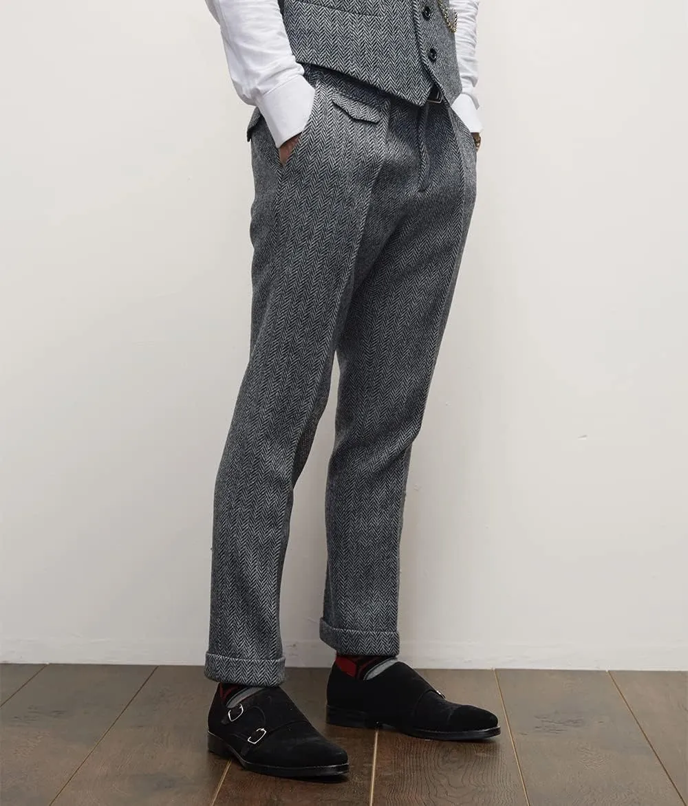 Mens Pants Herringbone Vintage Dress Pant Hemmed Pleated Suit Pants