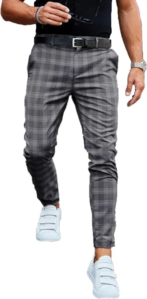 Men's Slim Fit Chino Pants Stretch Skinny Plaid Flat Front Trousers Casual Fashion Business Dress Pants