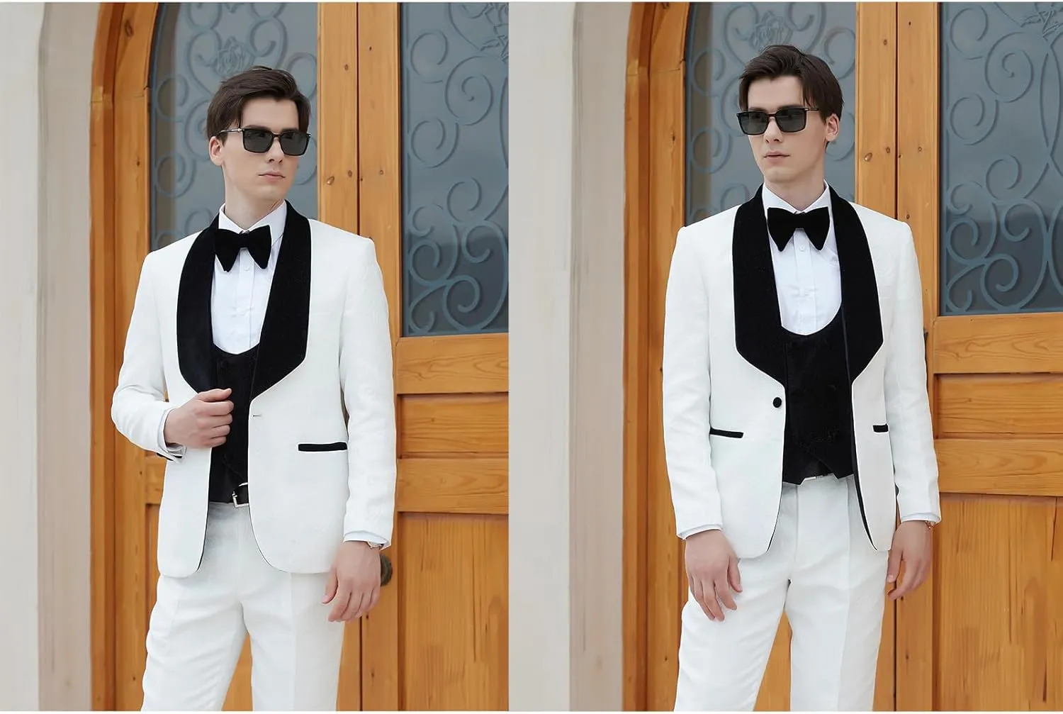 Men's Slim Fit Tuxedo, Shiny Velvet Shawl Collar 3 Piece Suit, Party Jacket Vest Pants & Bow Tie Set