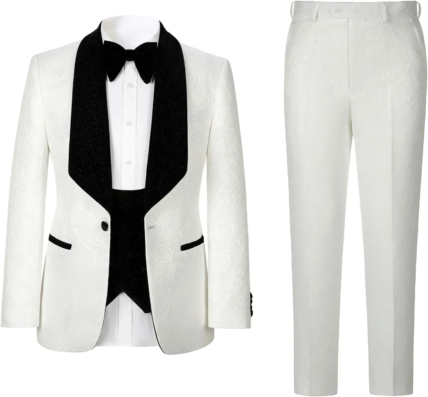 Men's Slim Fit Tuxedo, Shiny Velvet Shawl Collar 3 Piece Suit, Party Jacket Vest Pants & Bow Tie Set