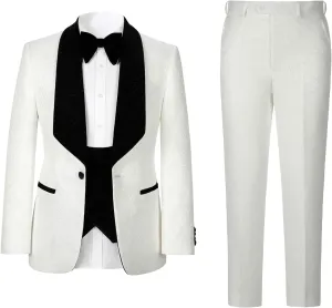 Men's Slim Fit Tuxedo, Shiny Velvet Shawl Collar 3 Piece Suit, Party Jacket Vest Pants & Bow Tie Set
