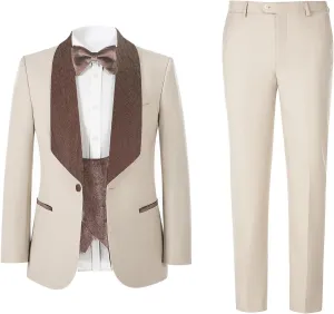 Men's Slim Fit Tuxedo, Shiny Velvet Shawl Collar 3 Piece Suit, Party Jacket Vest Pants & Bow Tie Set