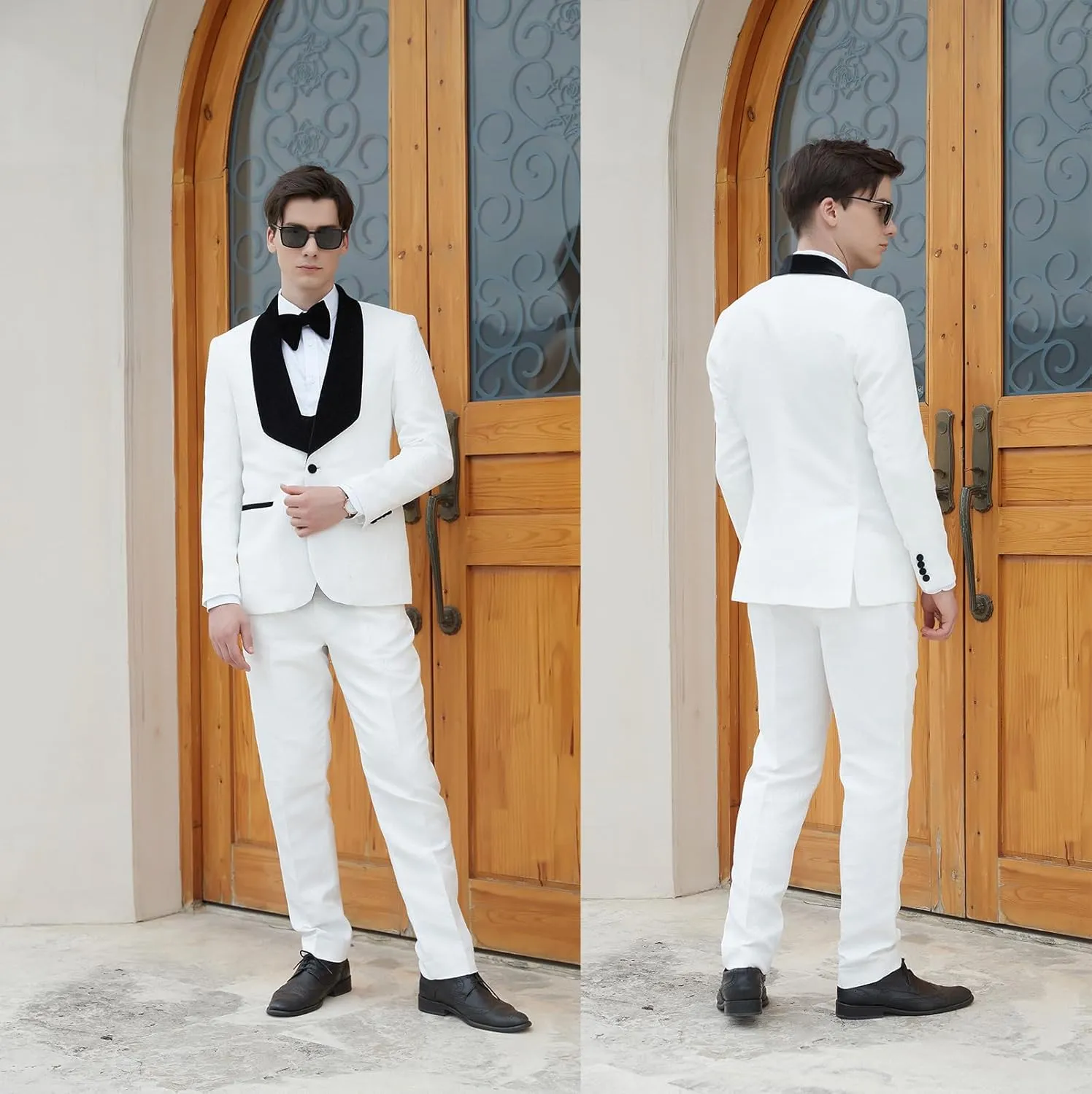 Men's Slim Fit Tuxedo, Shiny Velvet Shawl Collar 3 Piece Suit, Party Jacket Vest Pants & Bow Tie Set