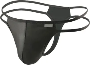 Men's Thong Underwear Faux Leather Briefs Sexy Low Rise T-back Black Hollow Out G-String Panties for Men