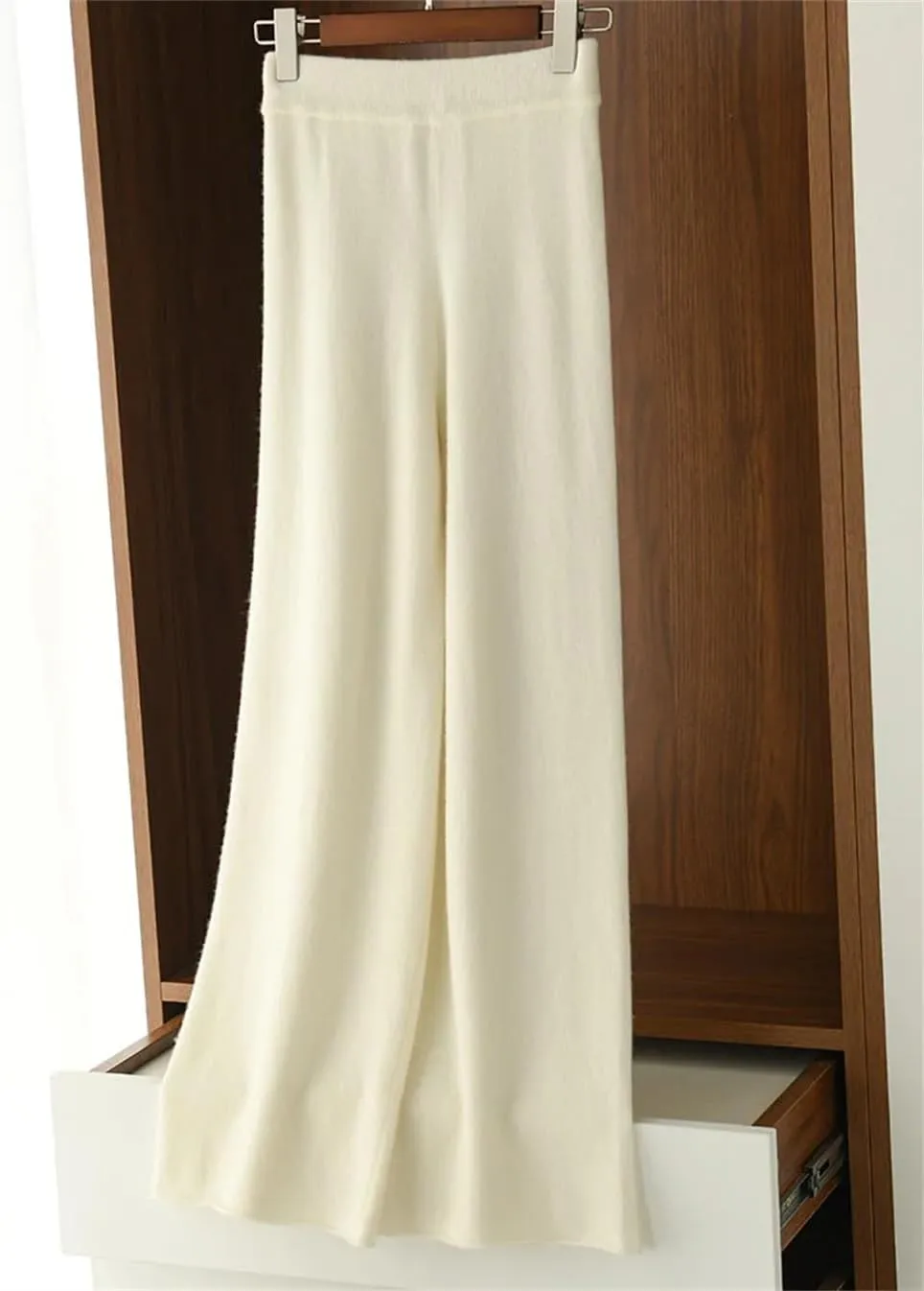 Merino Wool Wide Leg Pants for Women Spring High Waist Elastic Casual Trousers