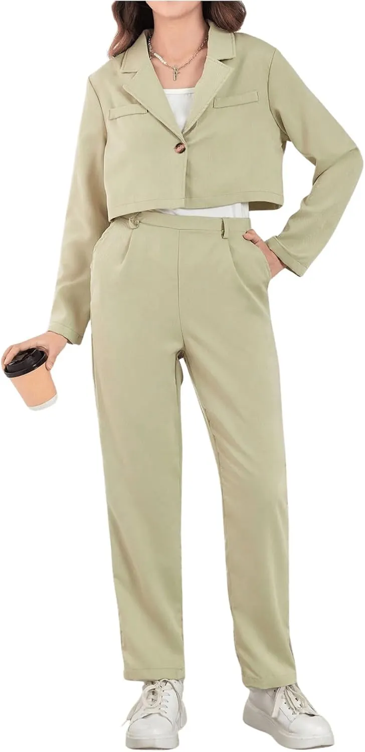 Milumia Girl's 2 Piece Outfits Long Sleeve Crop Blazer Jacket and Pants