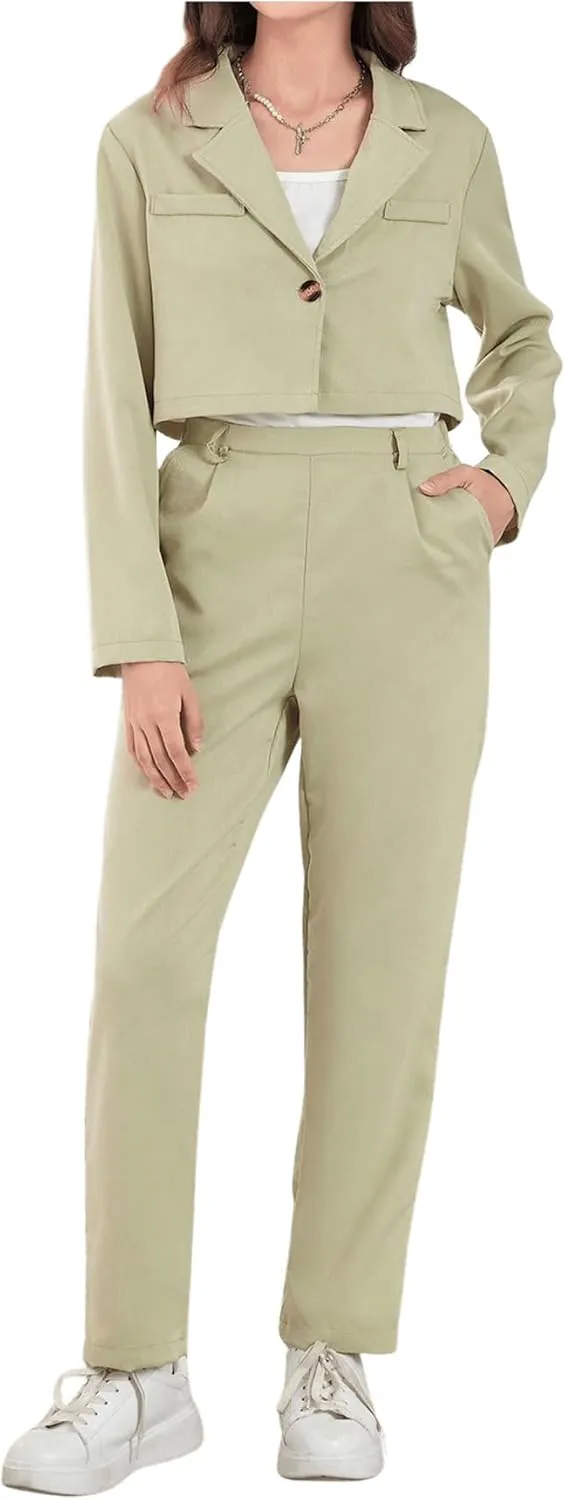 Milumia Girl's 2 Piece Outfits Long Sleeve Crop Blazer Jacket and Pants