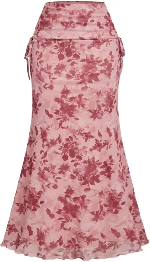 Milumia Women's Floral Print Drawstring Bodycon Skirt High Waisted Fishtail Long Skirts