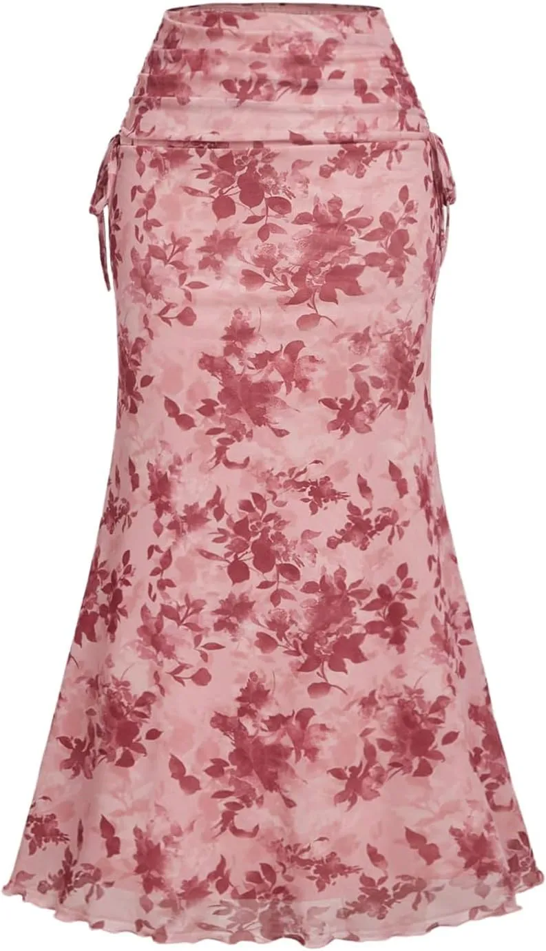 Milumia Women's Floral Print Drawstring Bodycon Skirt High Waisted Fishtail Long Skirts