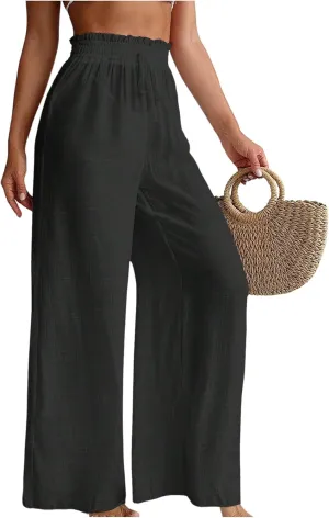 Milumia Women's Summer Linen Bathing Suit Cover Up Swim Beach Pants Sheer Wide Leg Swimsuit Coverup Pants