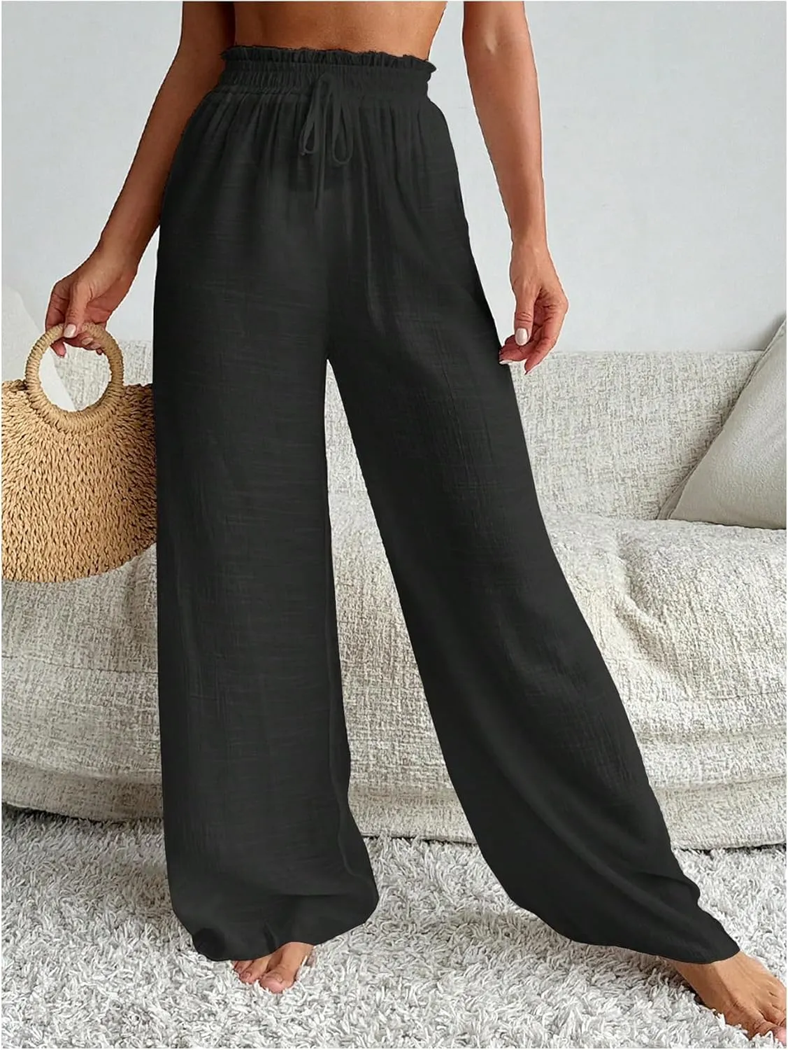 Milumia Women's Summer Linen Bathing Suit Cover Up Swim Beach Pants Sheer Wide Leg Swimsuit Coverup Pants