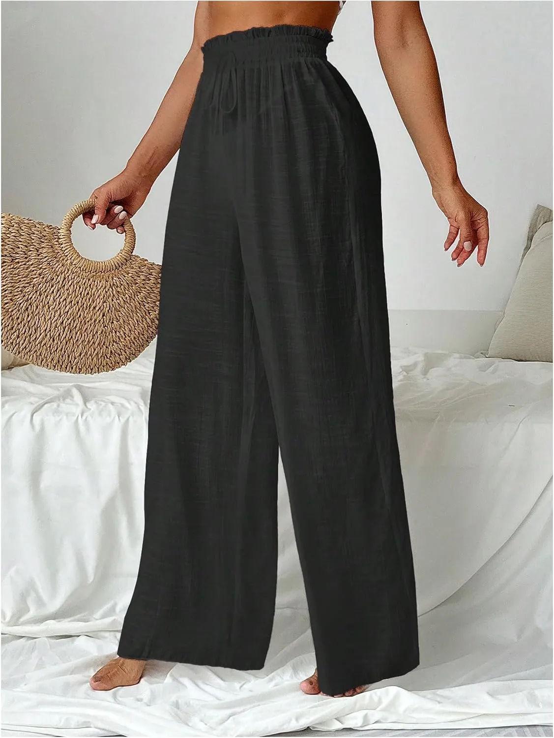 Milumia Women's Summer Linen Bathing Suit Cover Up Swim Beach Pants Sheer Wide Leg Swimsuit Coverup Pants